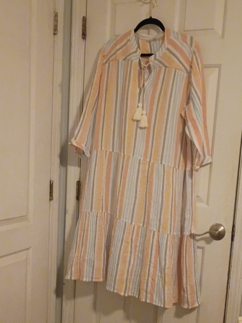 Soft Surroundings Striped Tiered Midi Dress in Peach, White & Gray